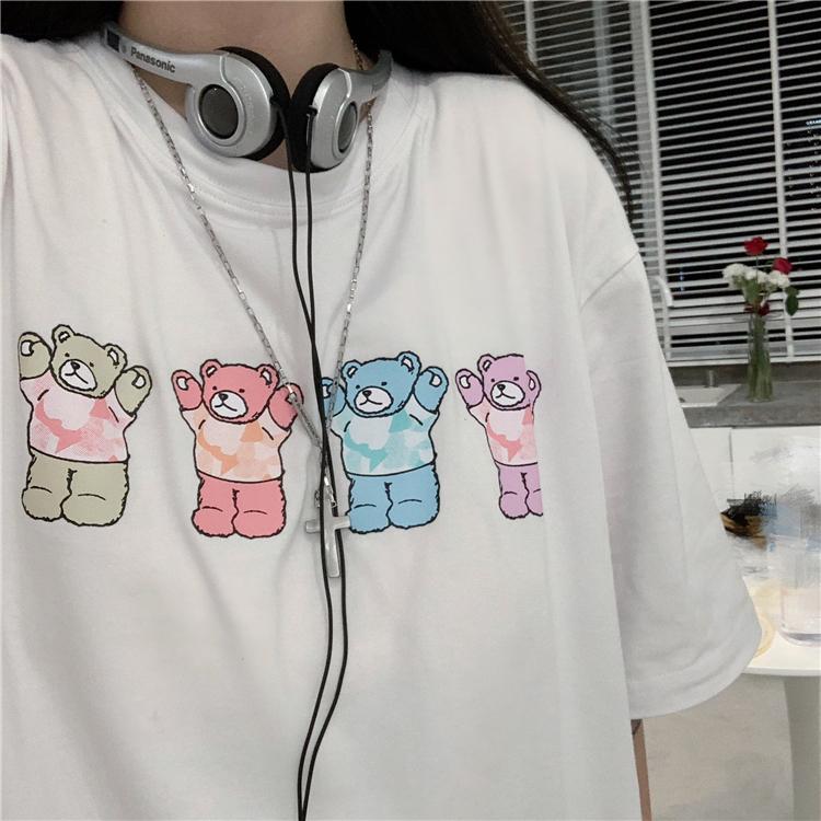 itGirl Shop CUTE COLORFUL BEARS PRINT LOOSE WHITE BLACK T-SHIRT