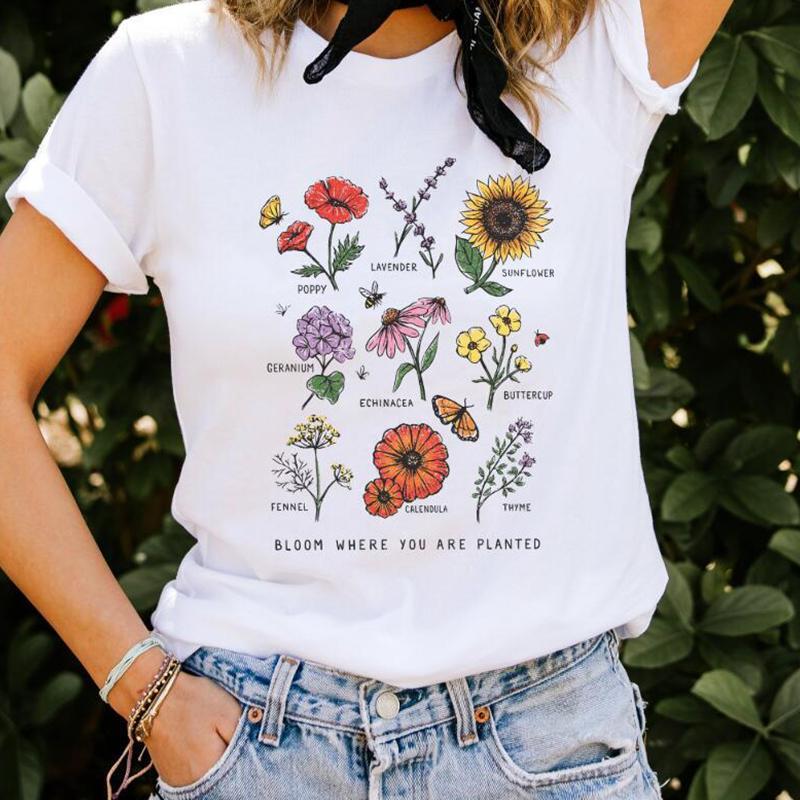 itGirl Shop CUTE FLORAL PRINT LOOSE SOFT AESTHETIC WHITE T-SHIRT