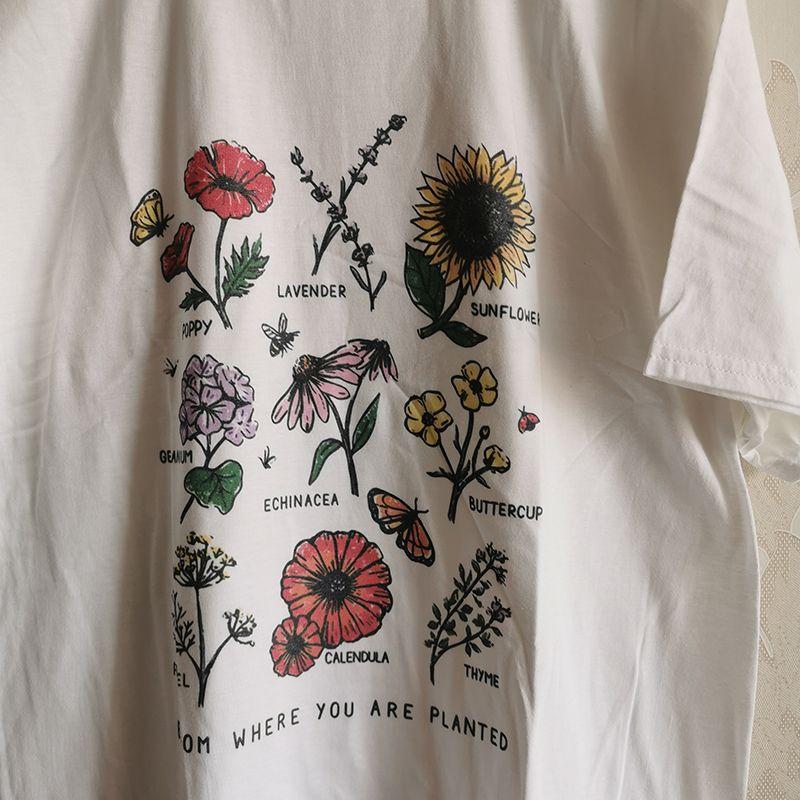 itGirl Shop CUTE FLORAL PRINT LOOSE SOFT AESTHETIC WHITE T-SHIRT