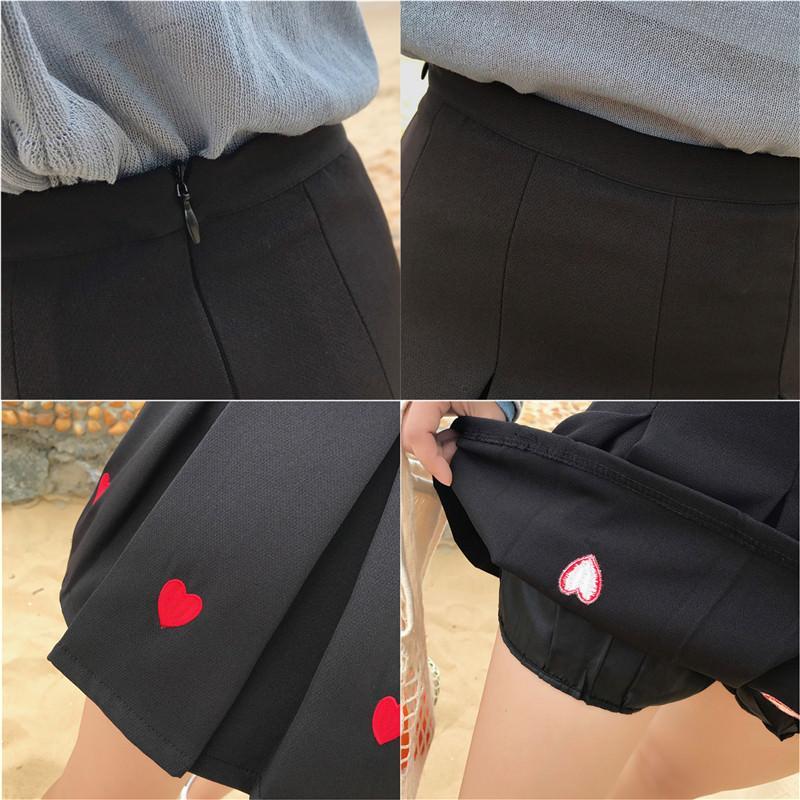 itGirl Shop CUTE HEARTS EMBROIDERY PLEATED BLACK PINK AESTHETIC SKIRT