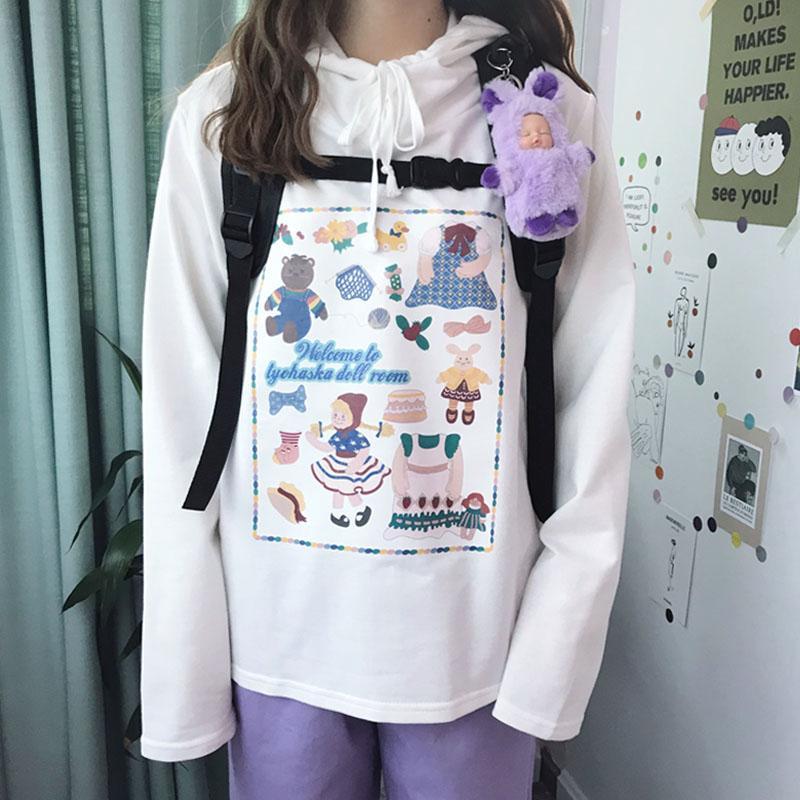 itGirl Shop CUTE TOYS PATTERN WHITE OVERSIZED HOODIE