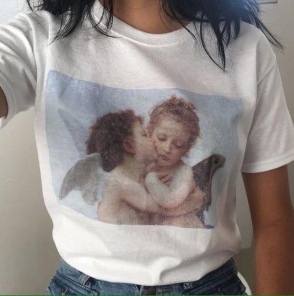 itGirl Shop D ANGELS KISS ART PAINT WHITE COTTON T-SHIRT