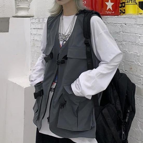 Dark Gray Grunge Style Tooling Oversized Black Vest