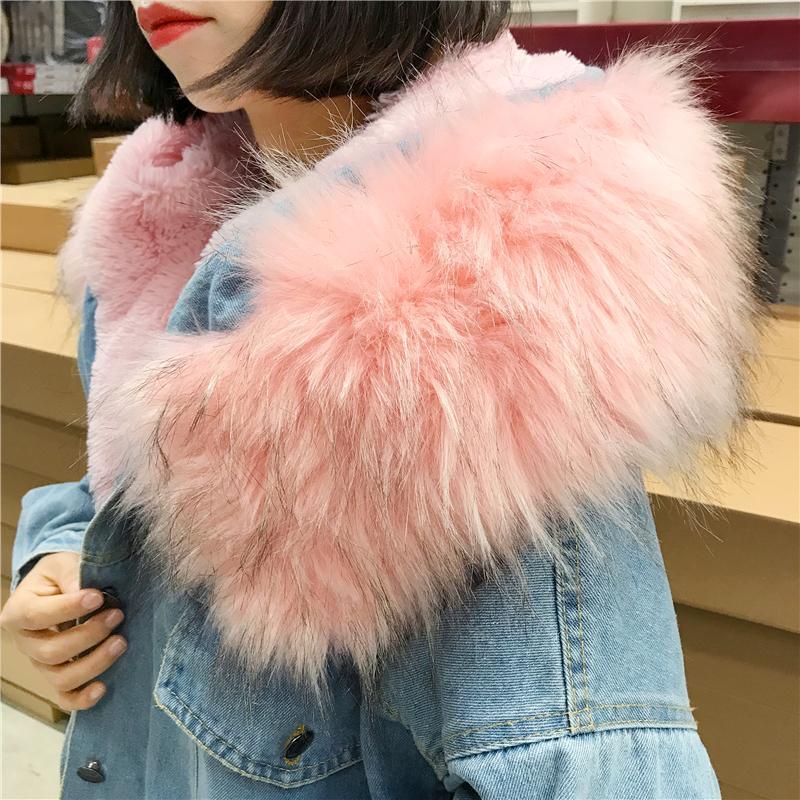 itGirl Shop DENIM JEAN PINK WHITE FAUX FUR HOOD OUTWEAR JACKET