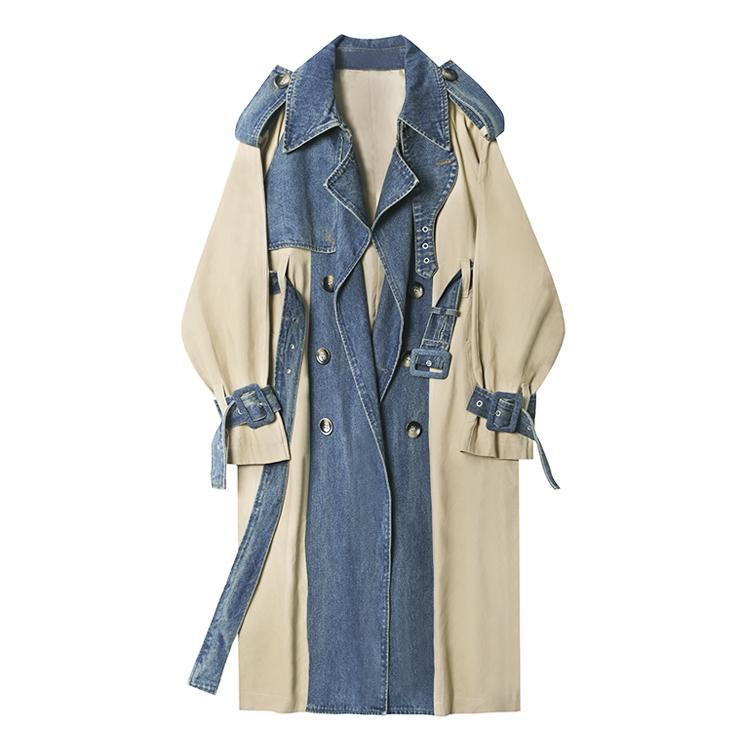 Denim Stitched Ulzzang Double Breasted Long Coat