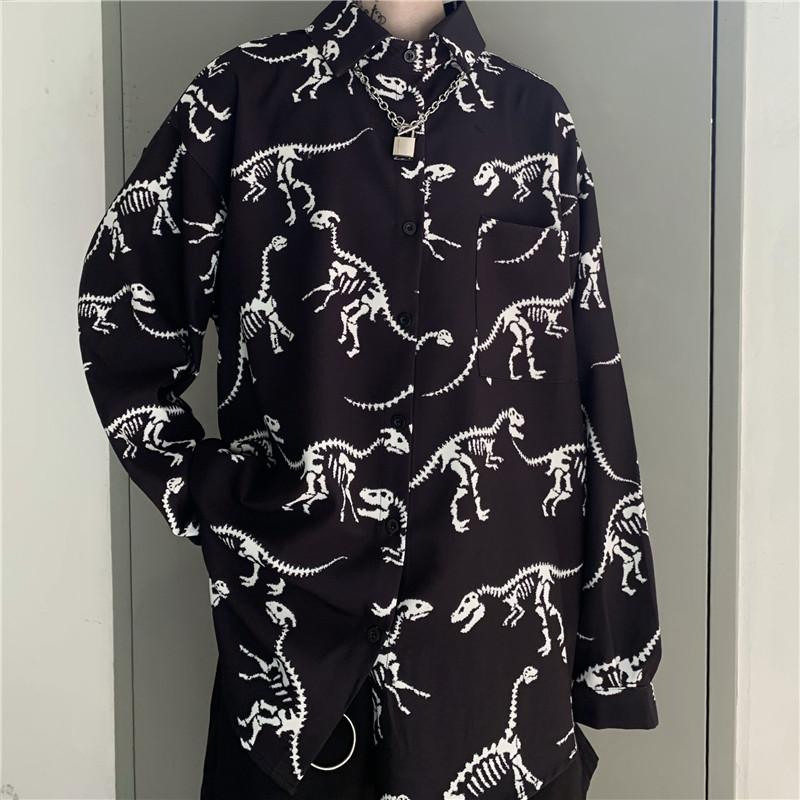 Dinosaur Bones Printed Grunge Long Sleeve Shirt