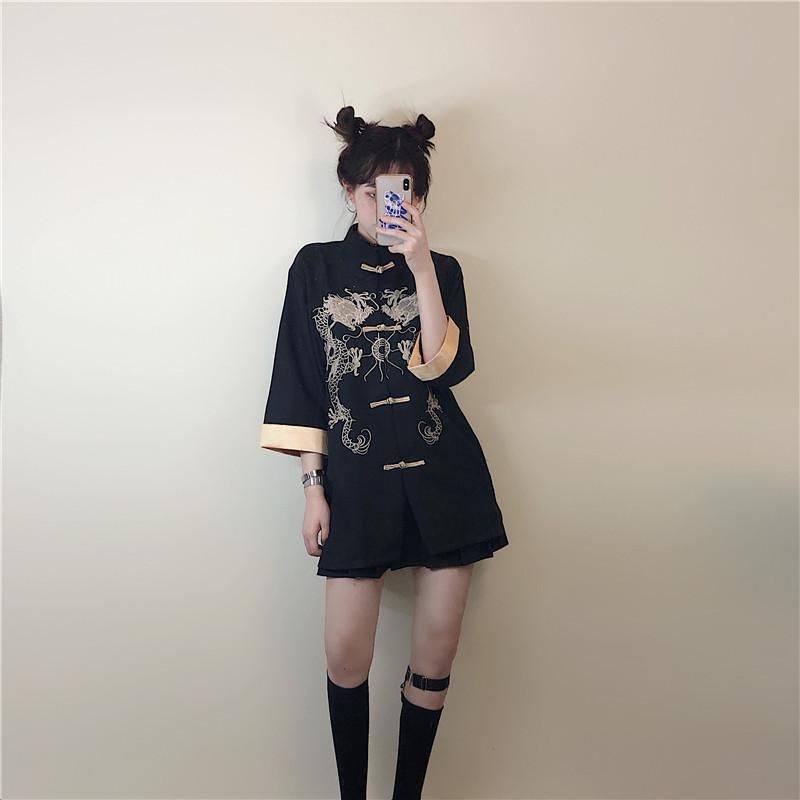 itGirl Shop DRAGON CHINESE STYLE EMBROIDERY ELEGANT LOOSE BLOUSE