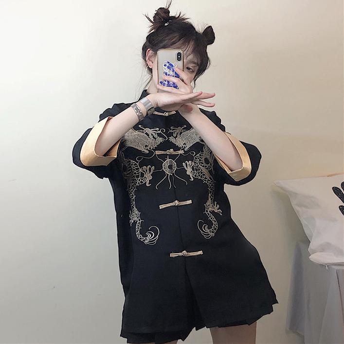 itGirl Shop DRAGON CHINESE STYLE EMBROIDERY ELEGANT LOOSE BLOUSE