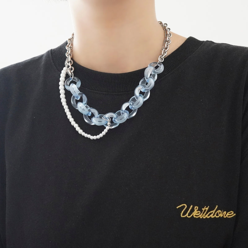 Aesthetic Clothing itGirl Shop Egirl Aesthetic Blue Plastic Steel Pearls Chains Necklace