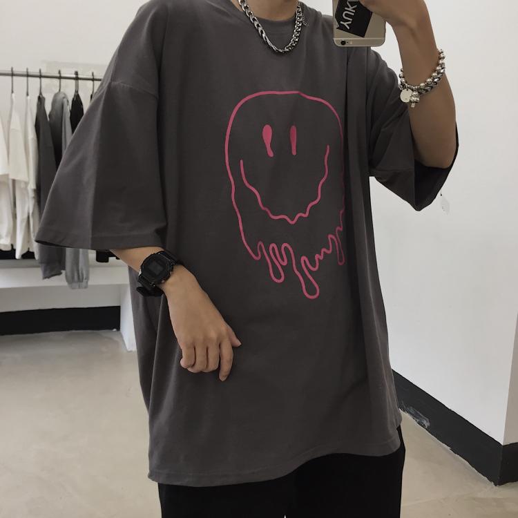 Egirl Aesthetic Smile Print Pink Gray Oversized T-Shirt