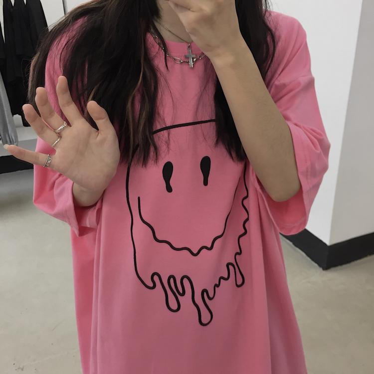 Egirl Aesthetic Smile Print Pink Gray Oversized T-Shirt