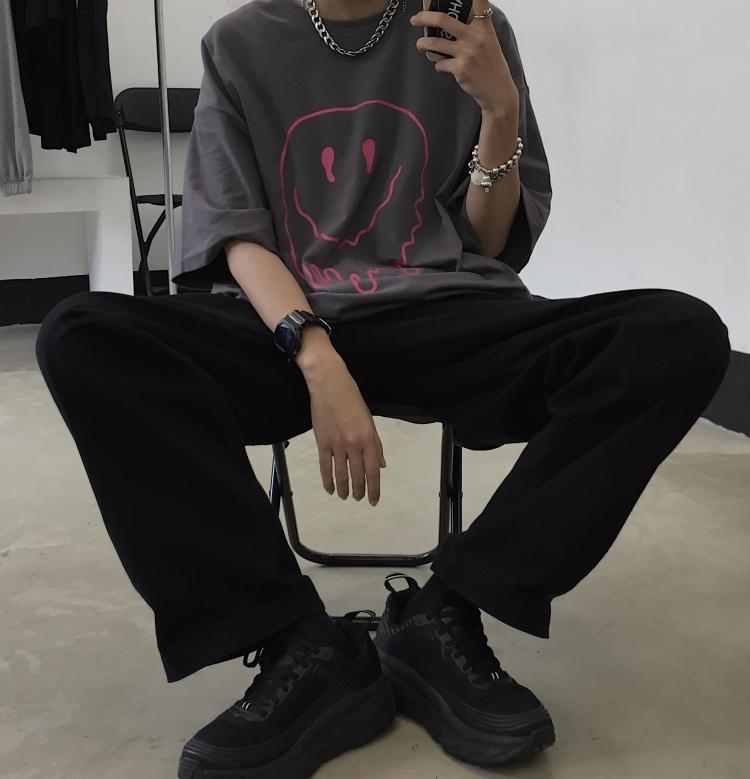 Egirl Aesthetic Smile Print Pink Gray Oversized T-Shirt