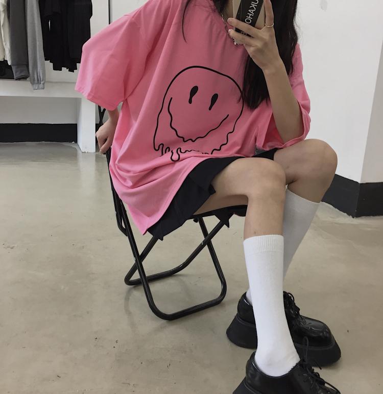 Egirl Aesthetic Smile Print Pink Gray Oversized T-Shirt