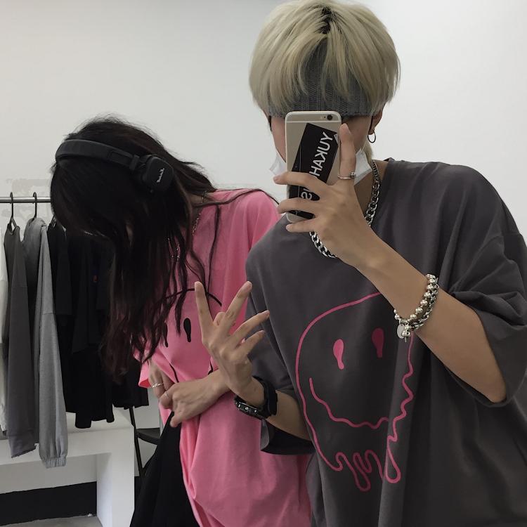 Egirl Aesthetic Smile Print Pink Gray Oversized T-Shirt