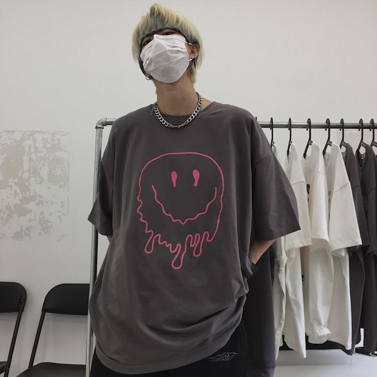 Egirl Aesthetic Smile Print Pink Gray Oversized T-Shirt