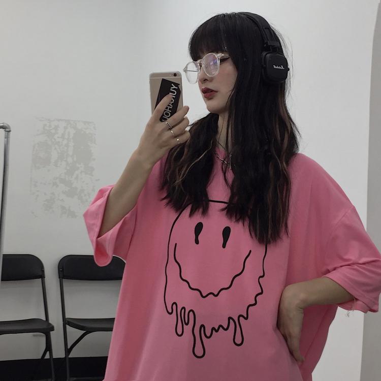 Egirl Aesthetic Smile Print Pink Gray Oversized T-Shirt