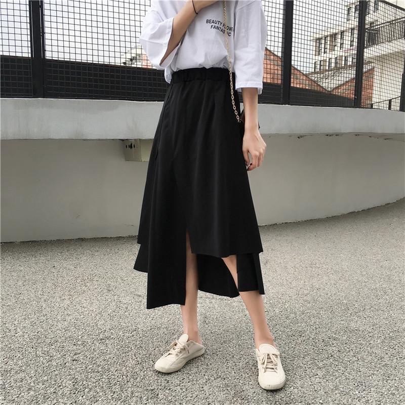 Elegant Black Assymetric Wrap Elastic Waist Long Skirt