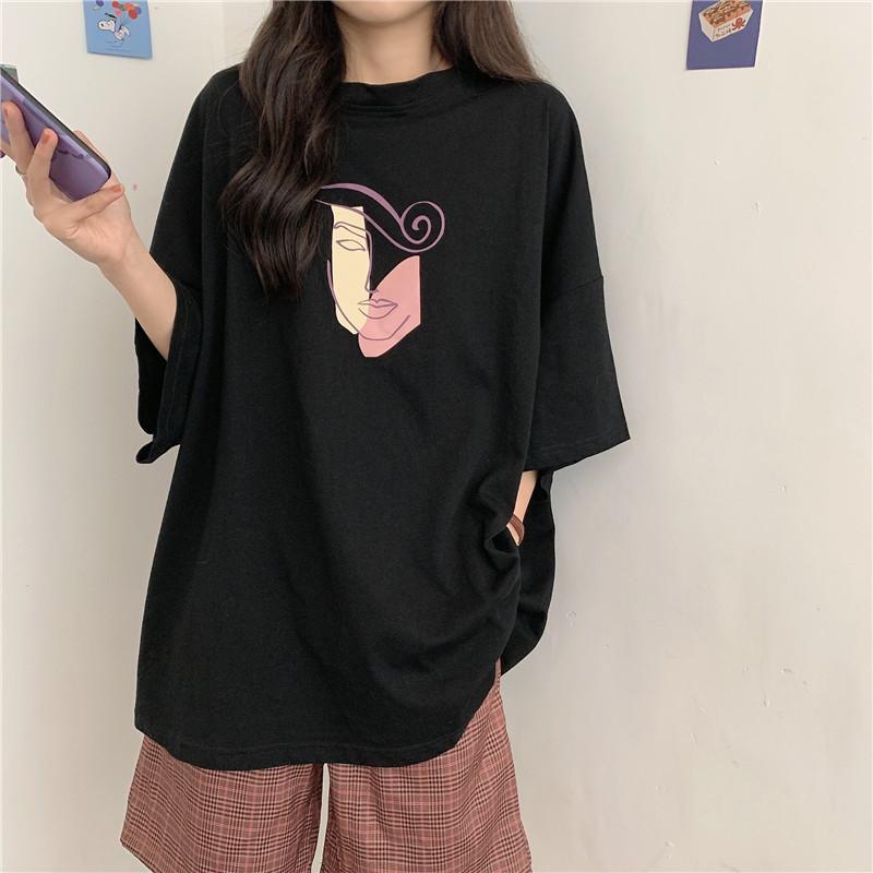 Face Abstract Drawing Lines Print Oversized T-Shirt