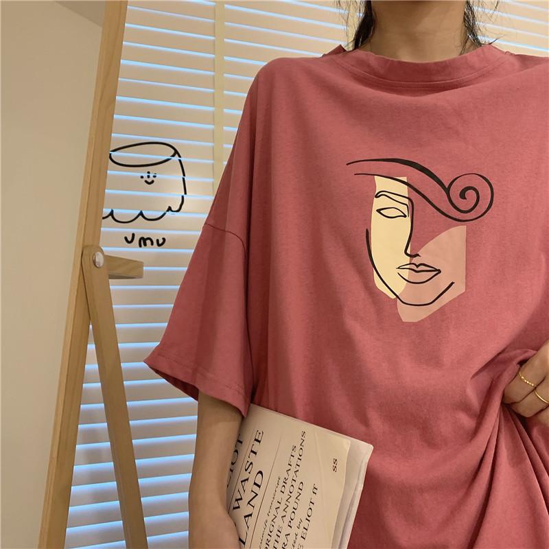 Face Abstract Drawing Lines Print Oversized T-Shirt