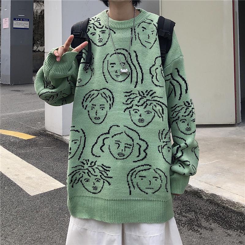 itGirl Shop FACES ABSTRACT PRINT E GIRL KNIT LOOSE SWEATER