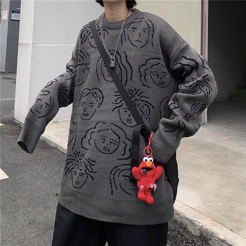 itGirl Shop FACES ABSTRACT PRINT E GIRL KNIT LOOSE SWEATER
