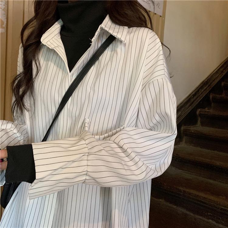 Fake Two Piece Retro Vertical Stripes Casual Loose Shirt