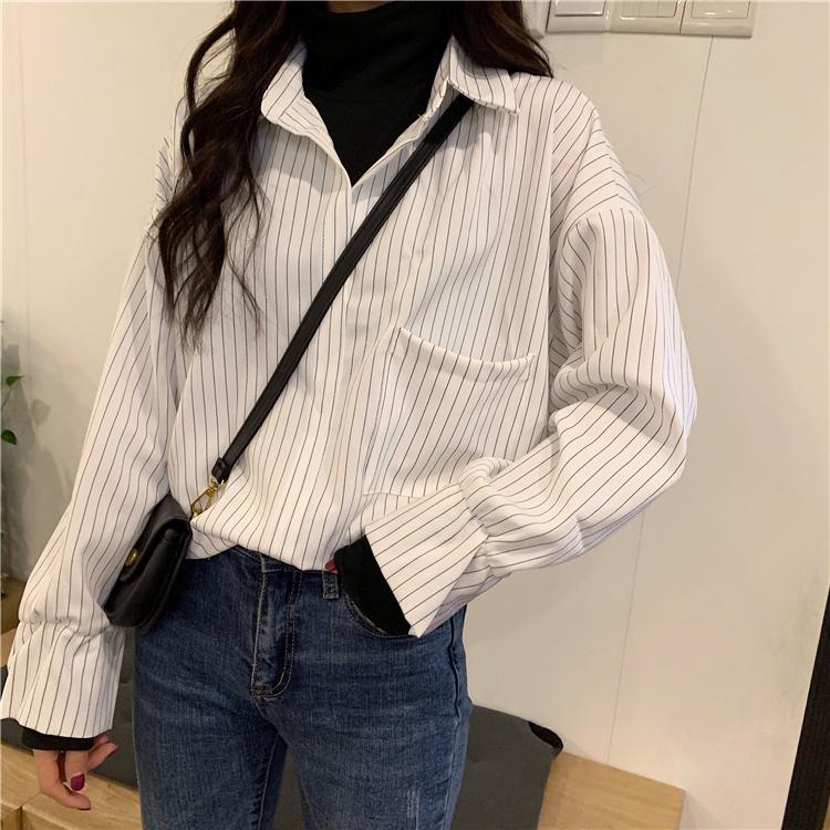 Fake Two Piece Retro Vertical Stripes Casual Loose Shirt