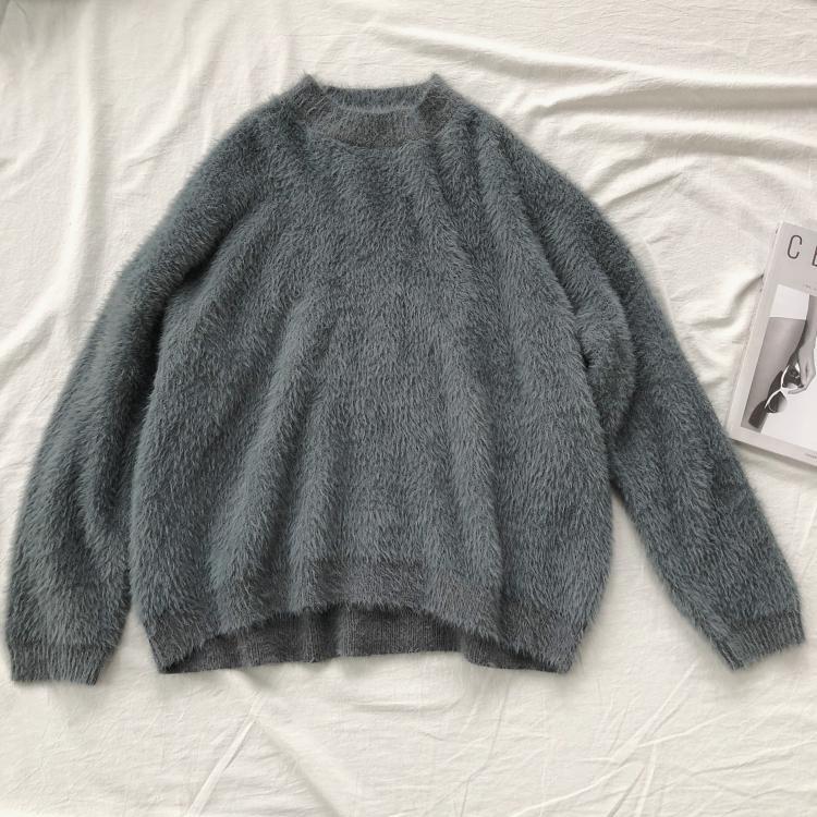 itGirl Shop FLUFFY VELVETY WARM ROUND NECK LOOSE SWEATER