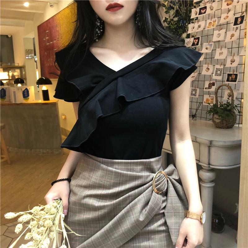itGirl Shop FRILLED WHITE BLACK OPEN SHOULDERS SEXY SHIRT
