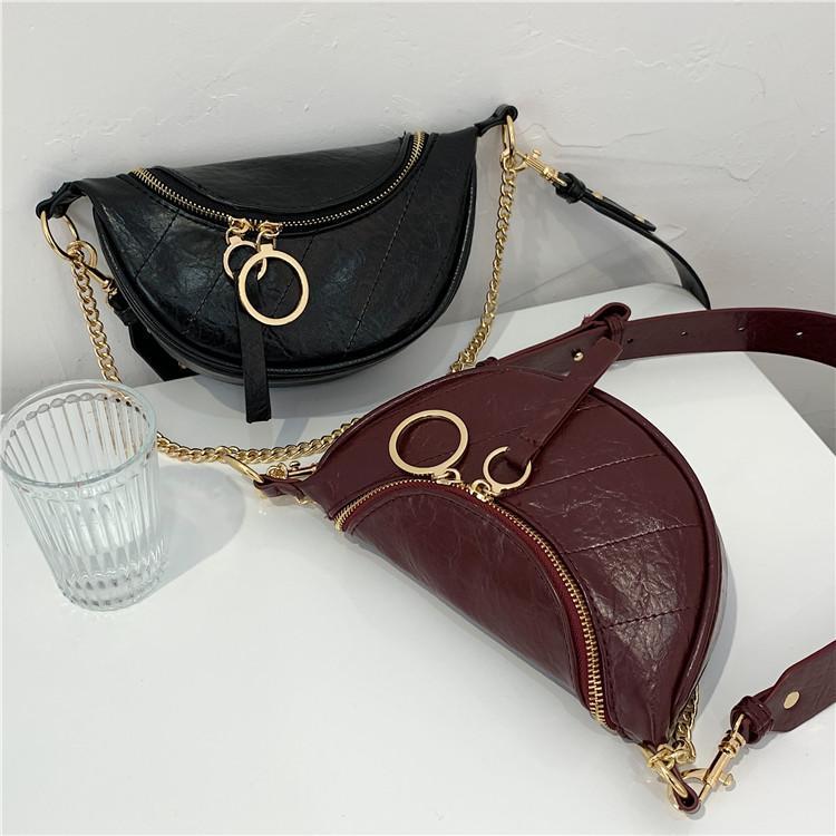 Golden Chain Black Wine Red Leather Aesthetic Bum Bag