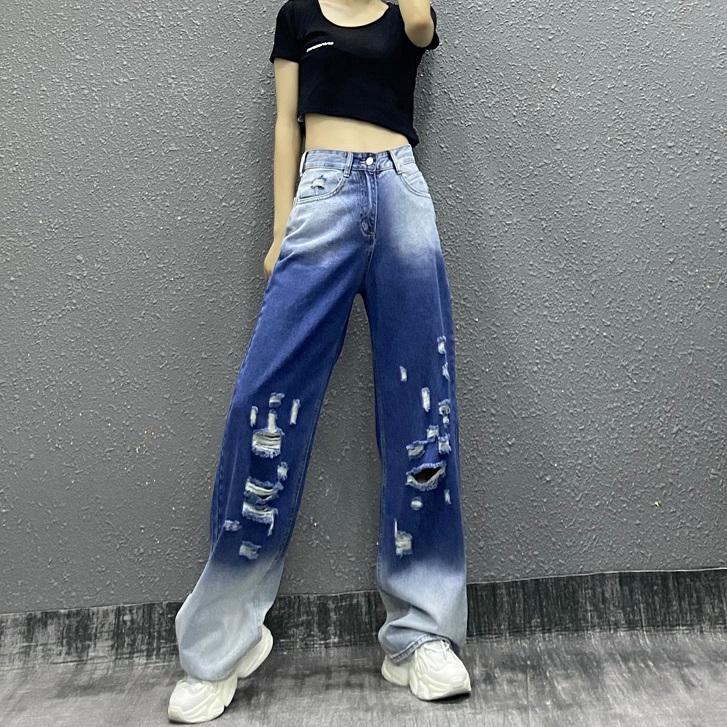 itGirl Shop GRADIENT BLUE RIPPED 90s STYLE HIGH WAIST LOOSE JEANS