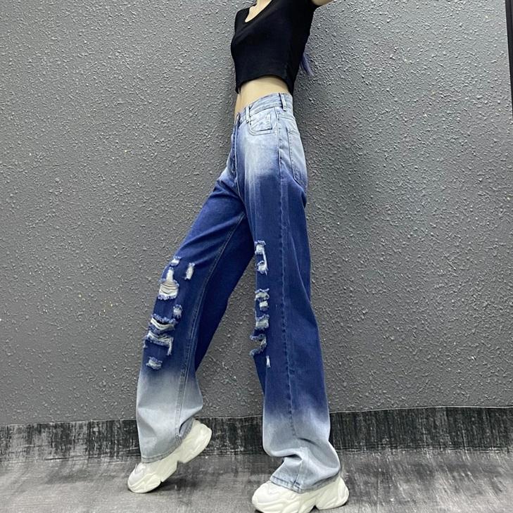 itGirl Shop GRADIENT BLUE RIPPED 90s STYLE HIGH WAIST LOOSE JEANS