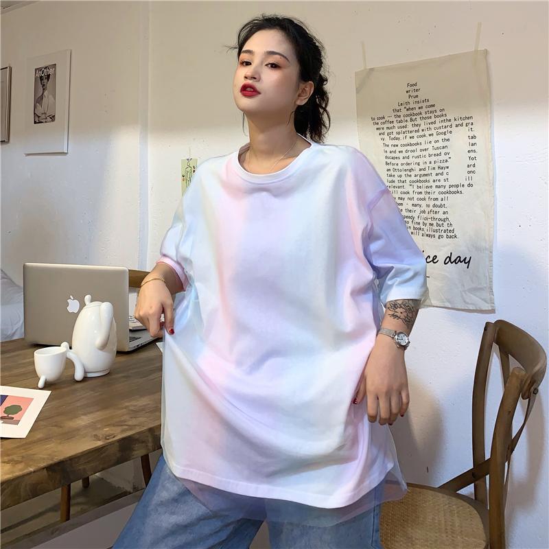 itGirl Shop GRADIENT COLOR MESH FAKE TWO PIECE LOOSE T-SHIRT