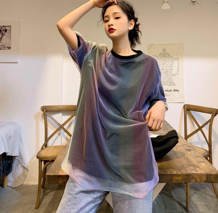 itGirl Shop GRADIENT COLOR MESH FAKE TWO PIECE LOOSE T-SHIRT