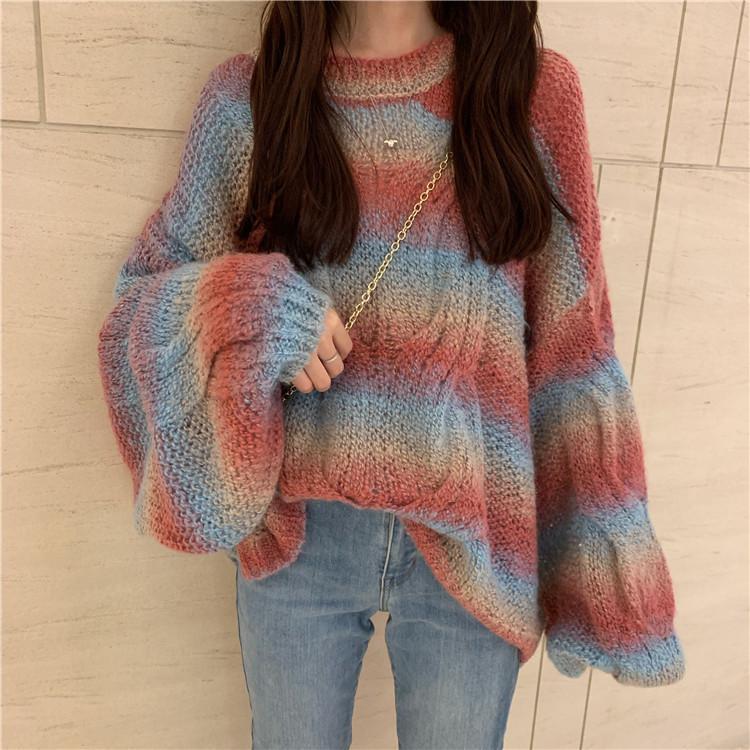 itGirl Shop GRADIENT PASTEL COLORS PUFF SLEEVES FLUFFY KNIT SWEATER
