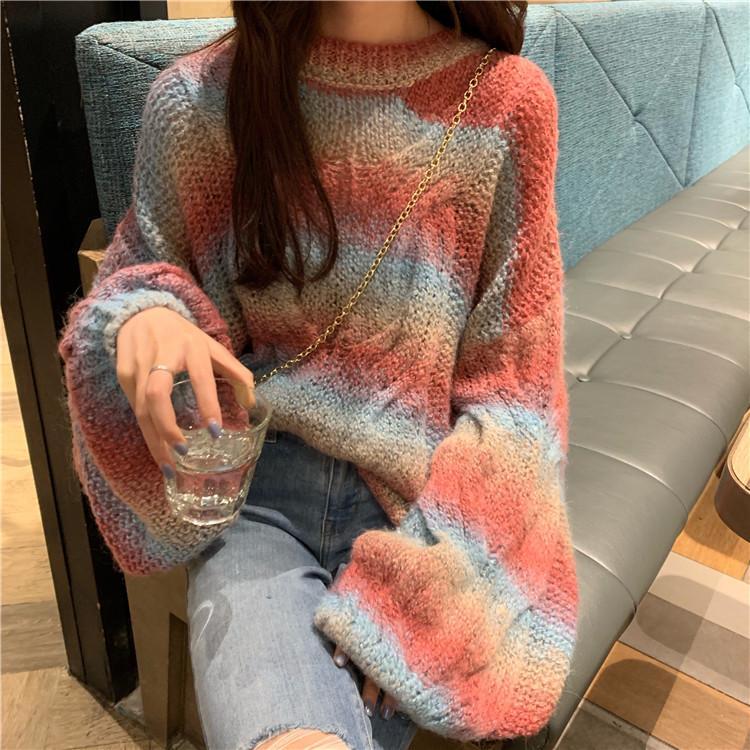 itGirl Shop GRADIENT PASTEL COLORS PUFF SLEEVES FLUFFY KNIT SWEATER