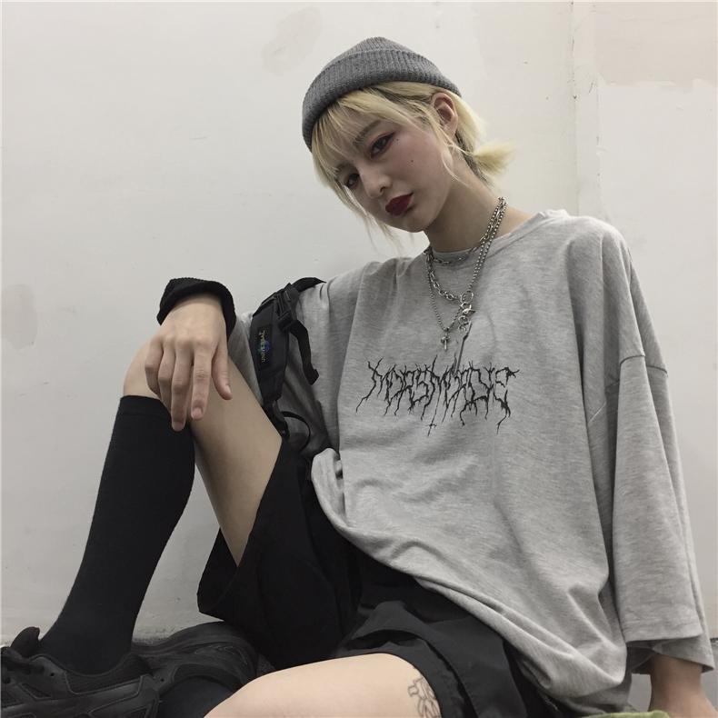 itGirl Shop GRAY AND BLACK GRUNGE AESTHETIC PRINTED OVERSIZED T-SHIRT