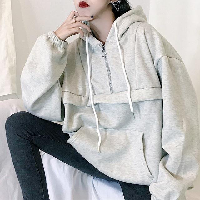 Gray Apricot Soft Aesthetic Warm Loose Anorak Hoodie