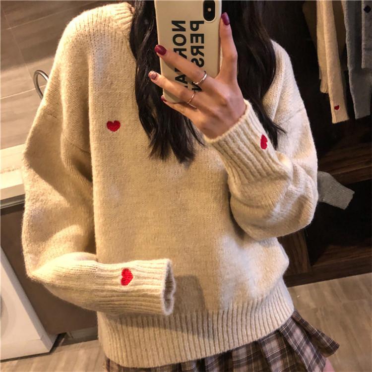 itGirl Shop GRAY APRICOT UNISEX CUTE HEART EMBROIDERIES SWEATER