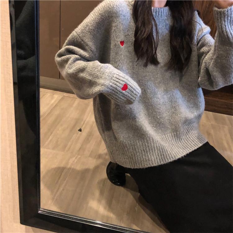 itGirl Shop GRAY APRICOT UNISEX CUTE HEART EMBROIDERIES SWEATER