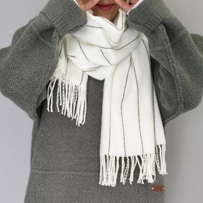 itGirl Shop GRAY BLACK WHITE STITCHES LINES WOOL FLAT KNIT SCARF