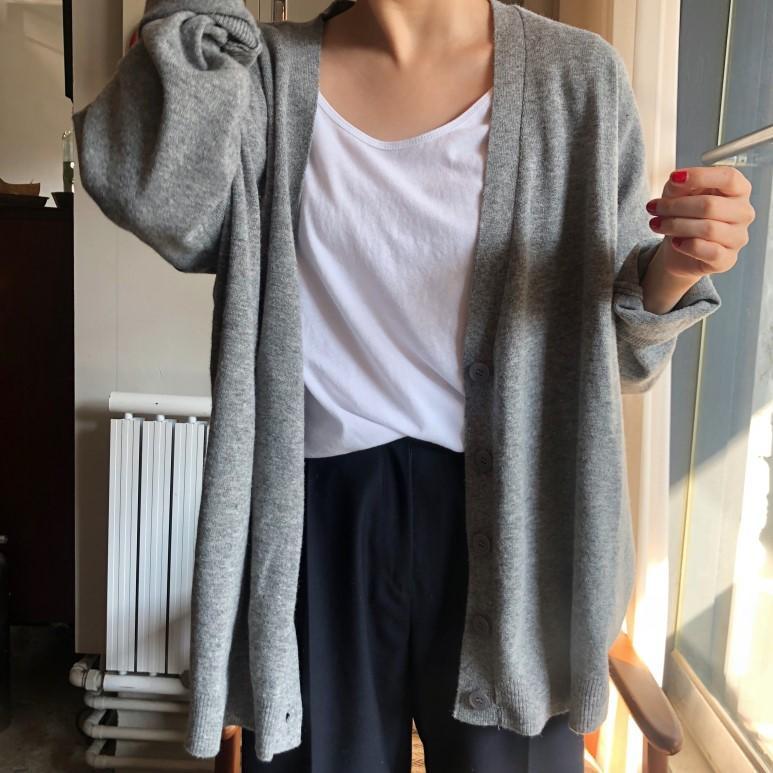 itGirl Shop GRAY LOOSE THIN BUTTONS LONG SLEEVE CARDIGAN