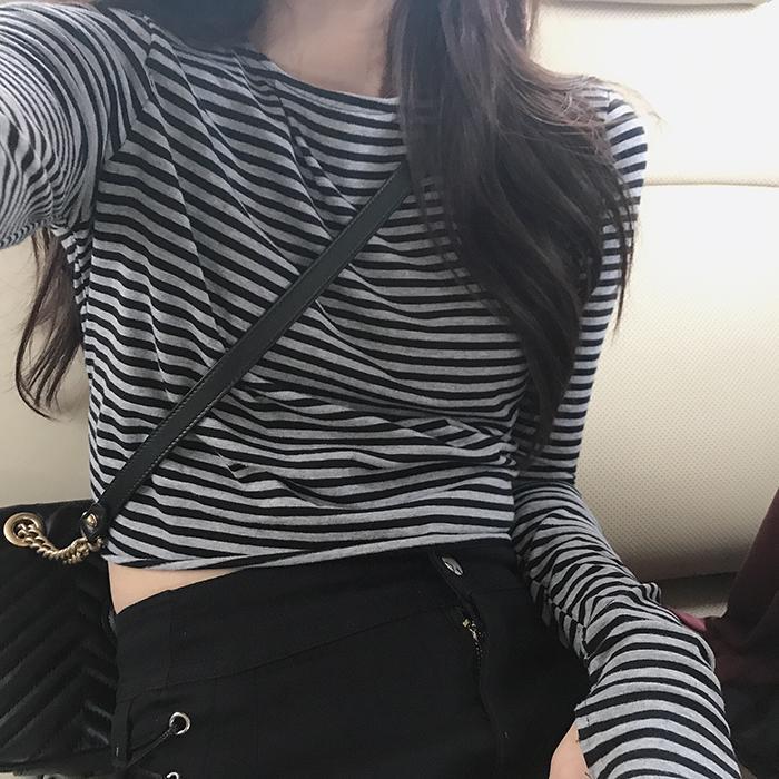 itGirl Shop GRAY PINK STRIPED PETITE CLOTHING THIN CROPPED SHIRT