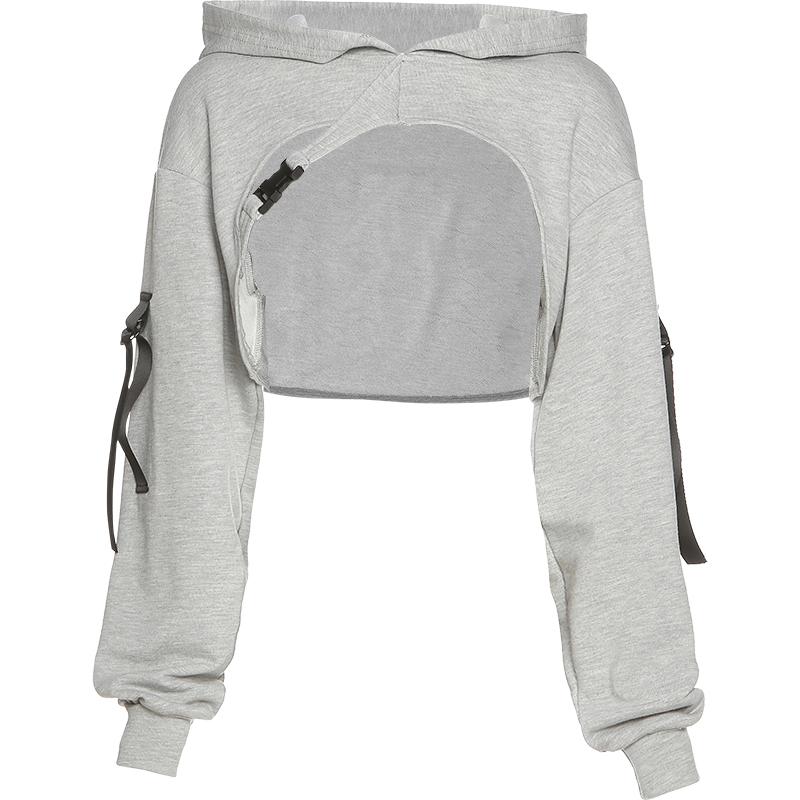 itGirl Shop GRAY SKATER AESTHETIC STRAPS LOOSE SUPER CROPPED HOODIE