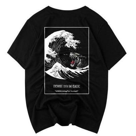 Great Wave Back Print Oversized Black T-Shirt