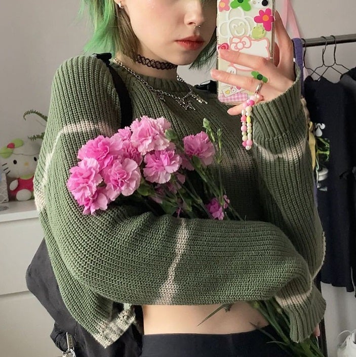 itGirl Shop GREEN AESTHETIC TIE DYE STRIPES RIBBED CROPPED SWEATER