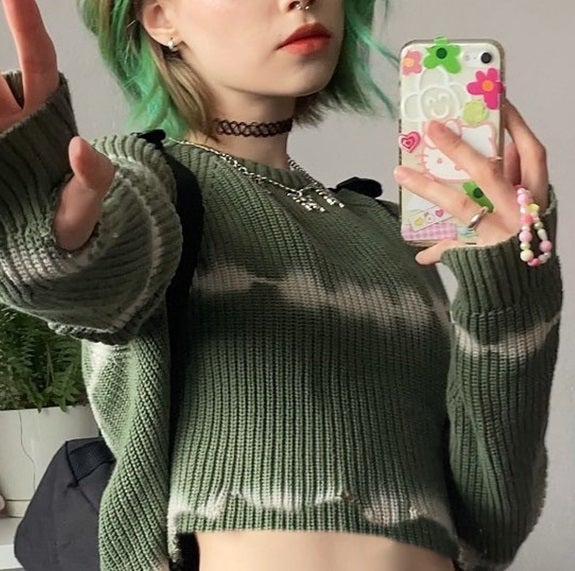 itGirl Shop GREEN AESTHETIC TIE DYE STRIPES RIBBED CROPPED SWEATER