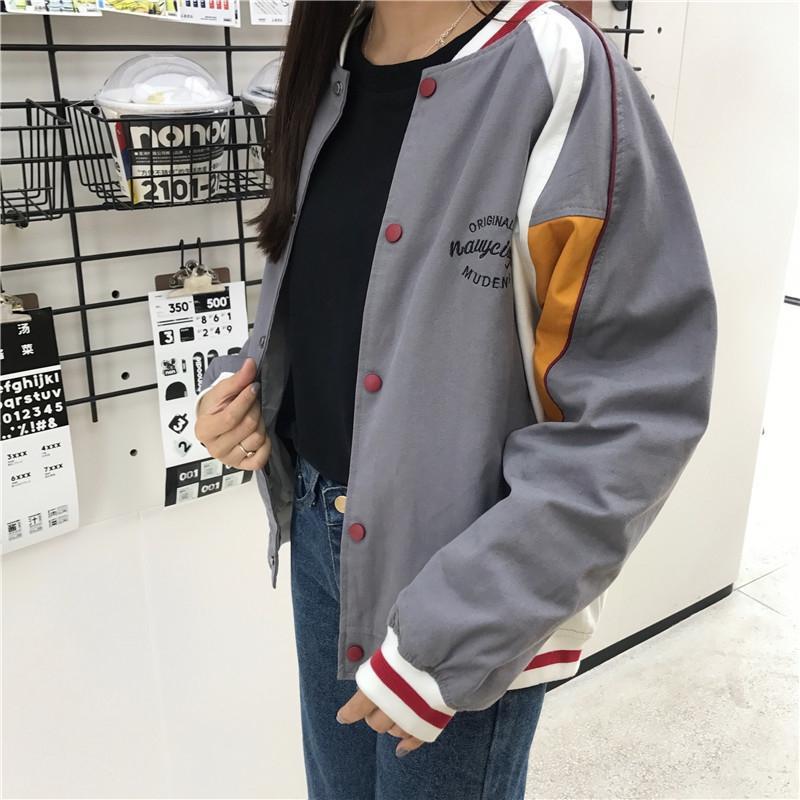 itGirl Shop GREEN GRAY LINES RETRO EMBROIDERY LETTERS BOMBER JACKET