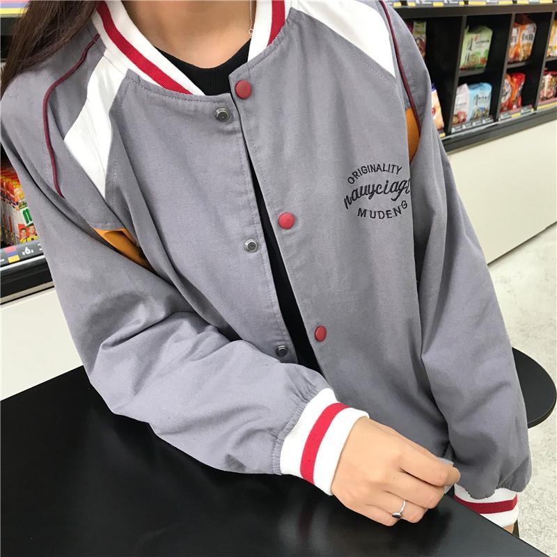 itGirl Shop GREEN GRAY LINES RETRO EMBROIDERY LETTERS BOMBER JACKET