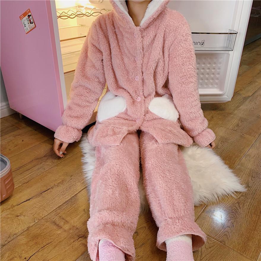 Green Pink Rabbit Ears Hood Soft Plush Loose Pajama Set